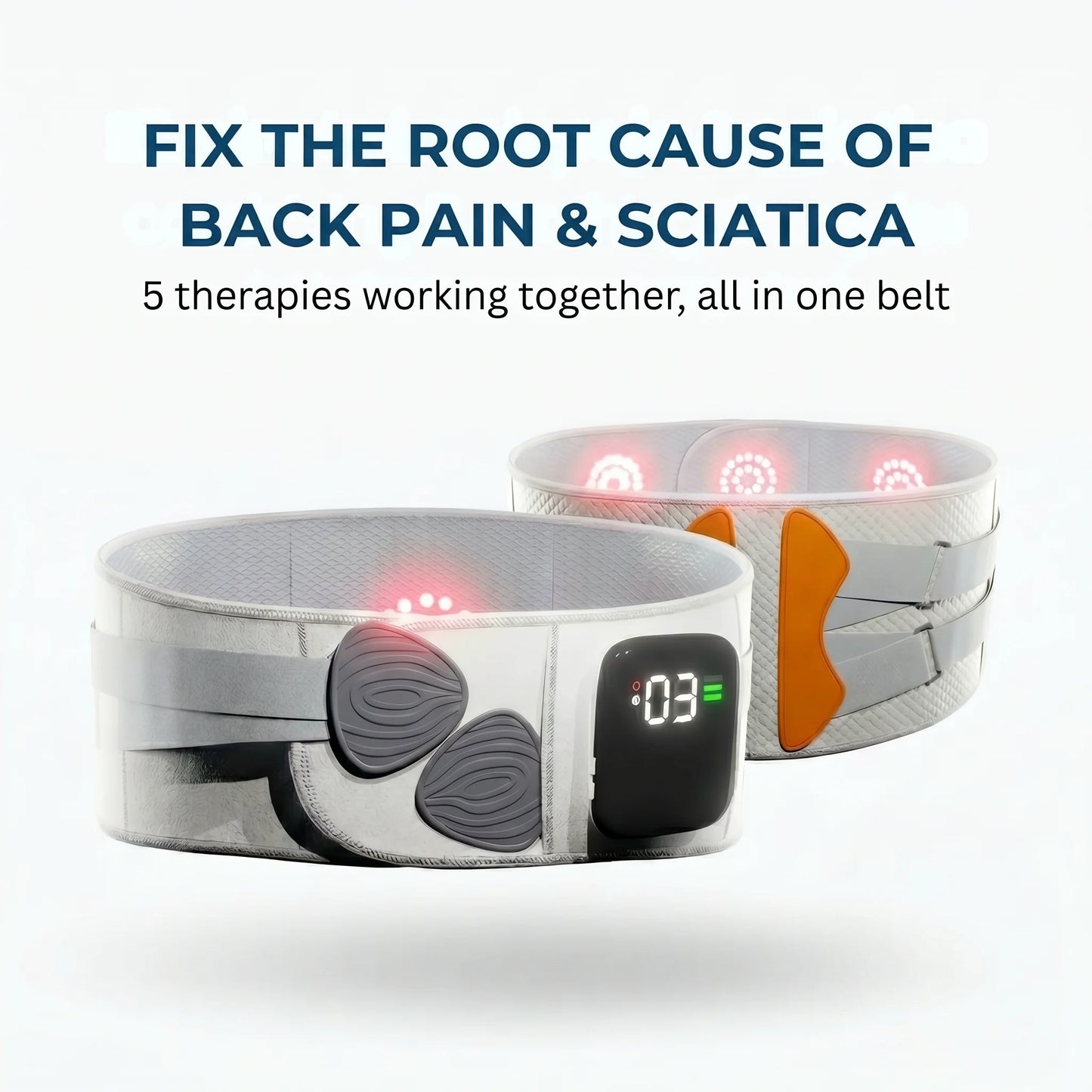 Pain relief belt with digital display on a white background, featuring text about back pain and sciatica solutions.