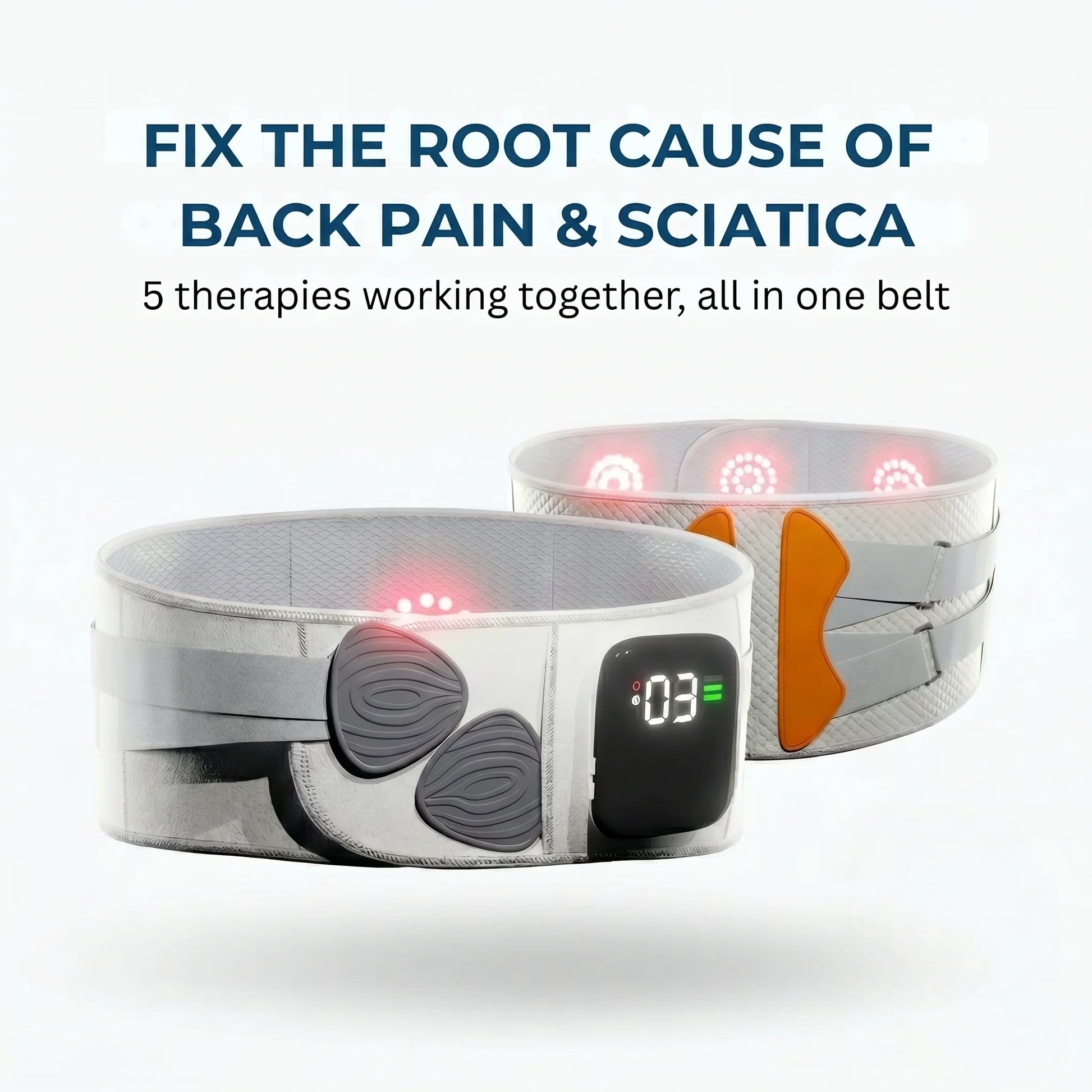 Pain relief belt with digital display on a white background, featuring text about back pain and sciatica solutions.