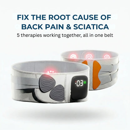 Pain relief belt with digital display on a white background, featuring text about back pain and sciatica solutions.